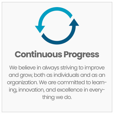 Continuous Progress: We believe in always striving to improve and grow, both as individuals and as an organization. We are committed to learning, innovation, and excellence in everything we do.