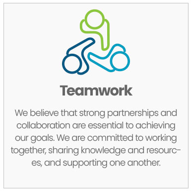 Teamwork: We believe that strong partnerships and collaboration are essential to achieving our goals. We are committed to working together, sharing knowledge and resources, and supporting one another.